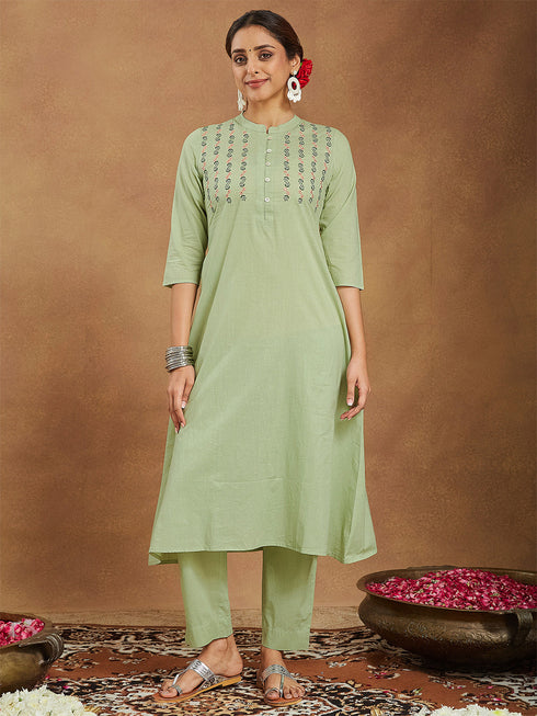 Janasya Women's Mint Green Pure Cotton Embroidered A-line Kurta Pant Set